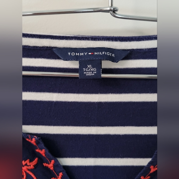 Tommy Hilfiger Navy Blue White Striped Cotton Embroidered Top Shirt Sz XL - Picture 5 of 6